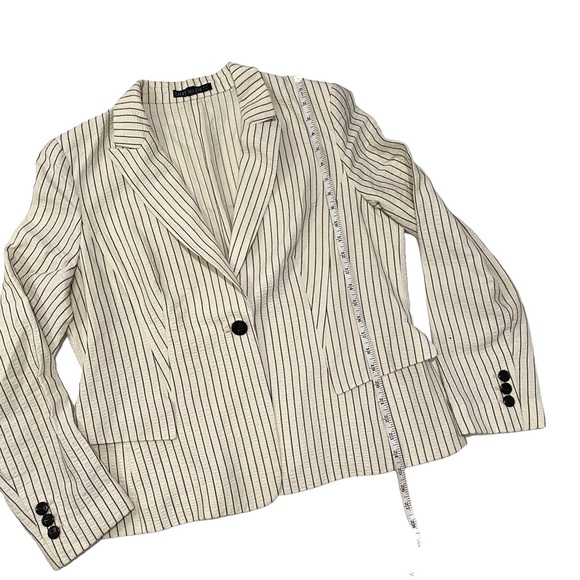 Lafayette 148 New York Off White Navy Pinstripe Cotton Blazer single one button - Picture 7 of 9